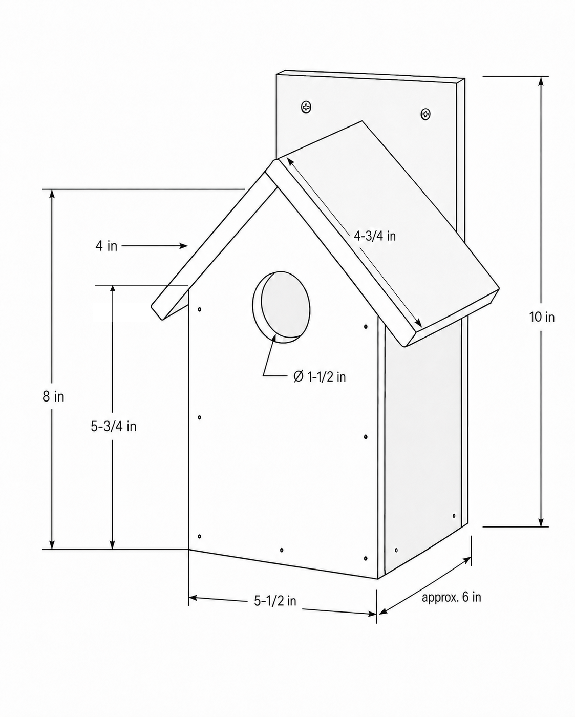 Overall birdhouse dimensions in imperial units.