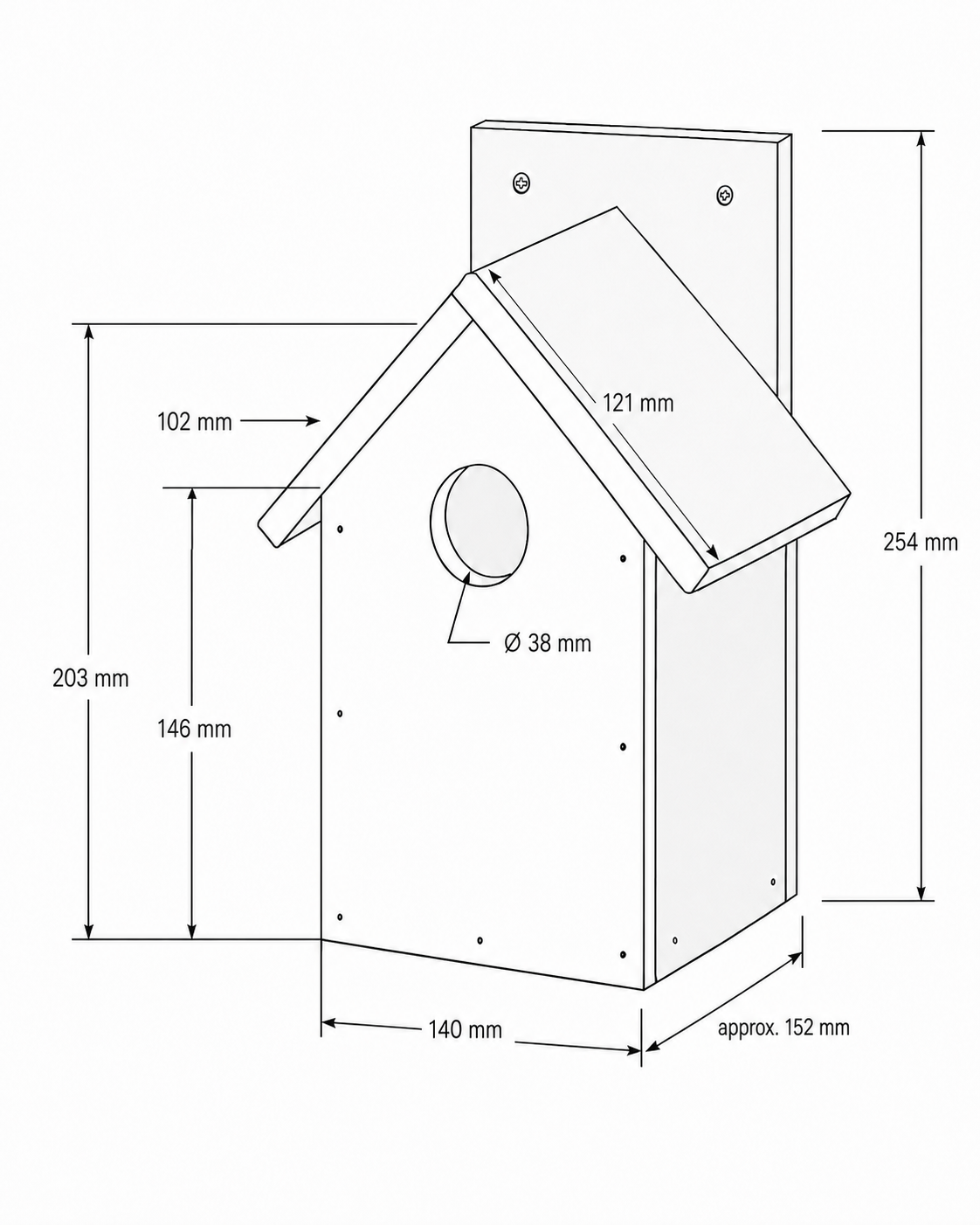 (Metric)Overall birdhouse dimensions in metric units.