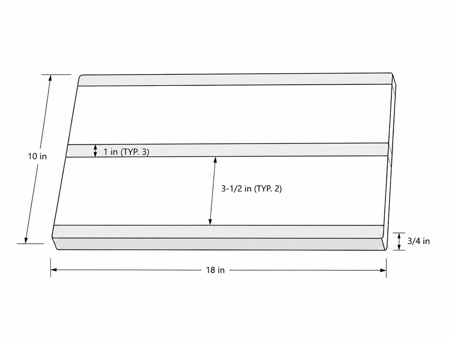 Line drawing of the cutting board with imperial dimensions in inches.