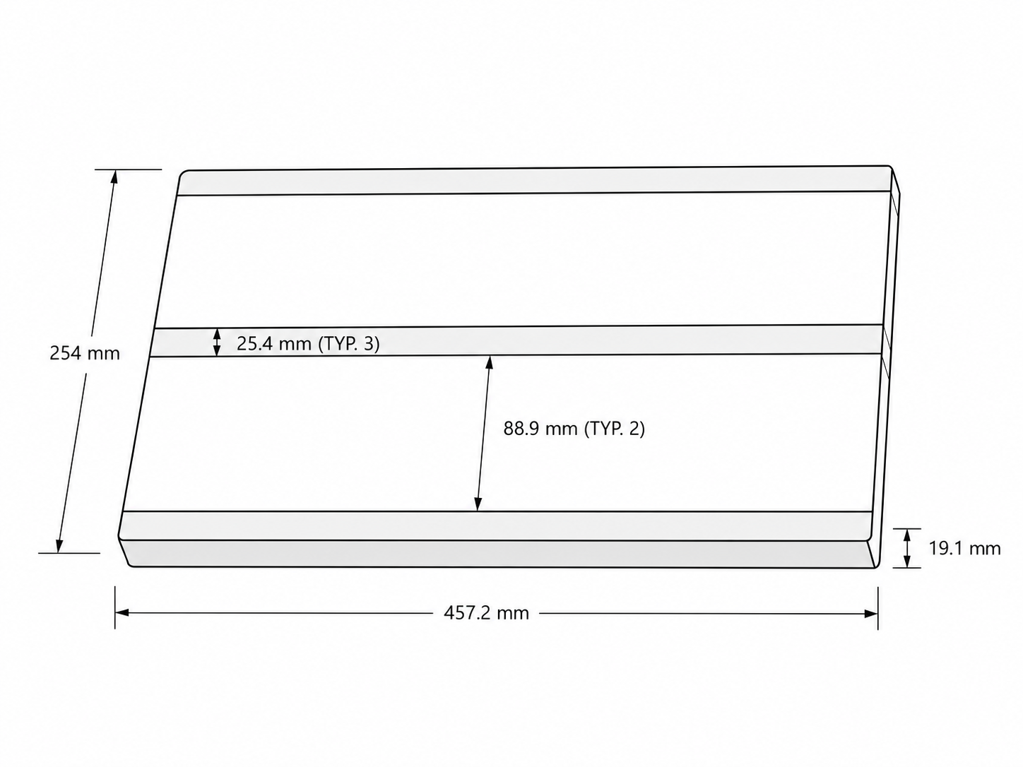 Line drawing of the cutting board with metric dimensions in millimetres.