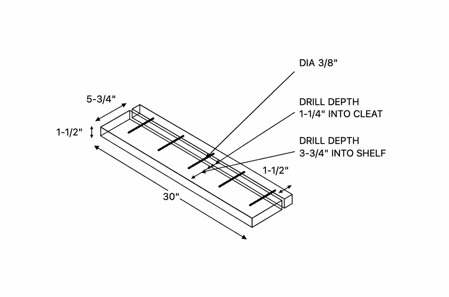 Floating shelf woodworking diagram with imperial measurements