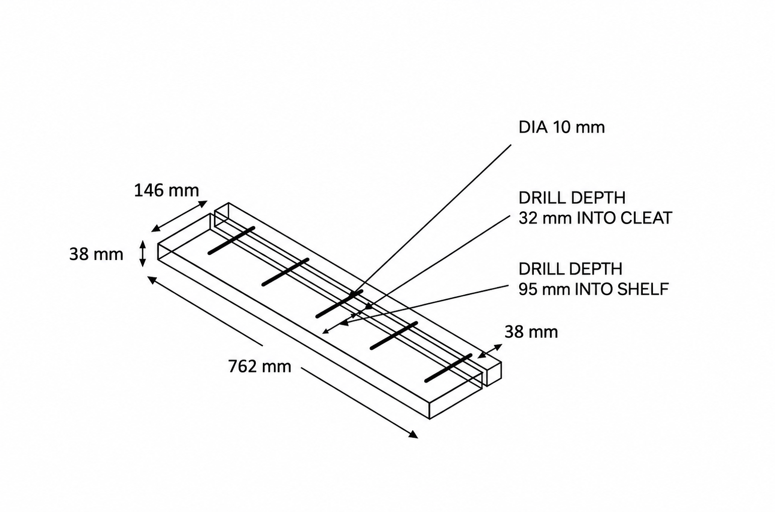 Floating shelf woodworking diagram with metric measurements