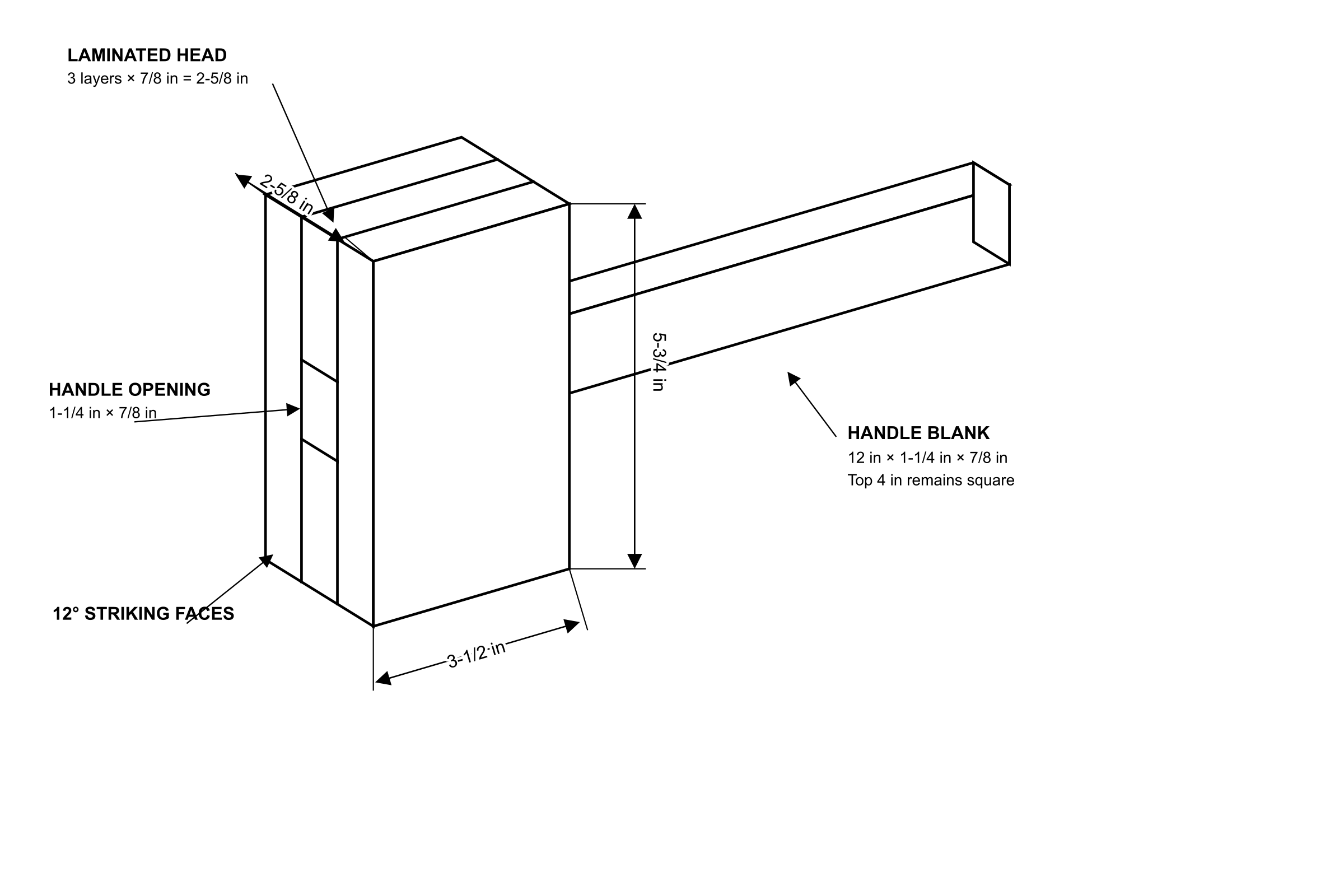 Line drawing of the wooden mallet with all dimensions labelled in inches.