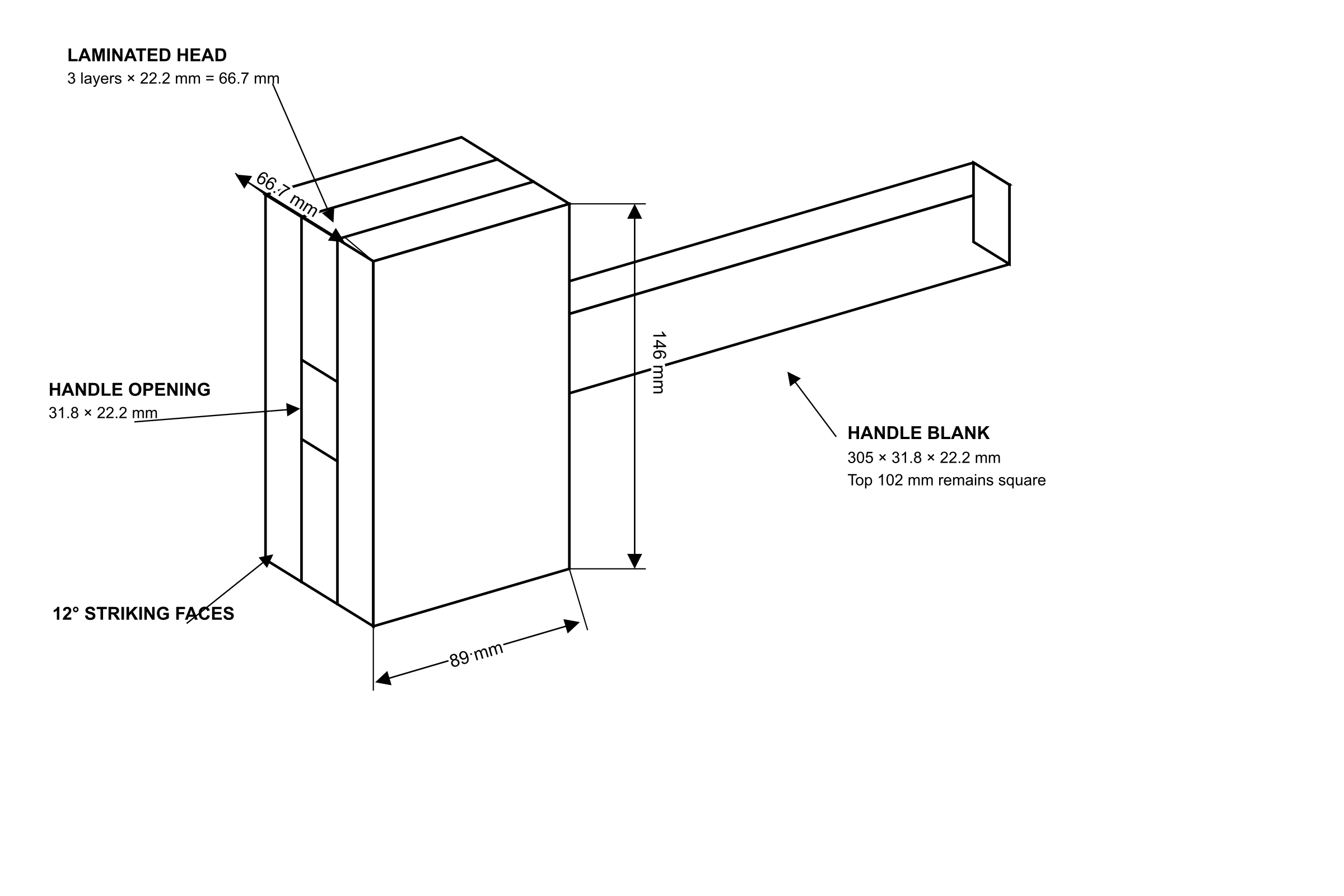 Line drawing of the wooden mallet with all dimensions labelled in millimetres.