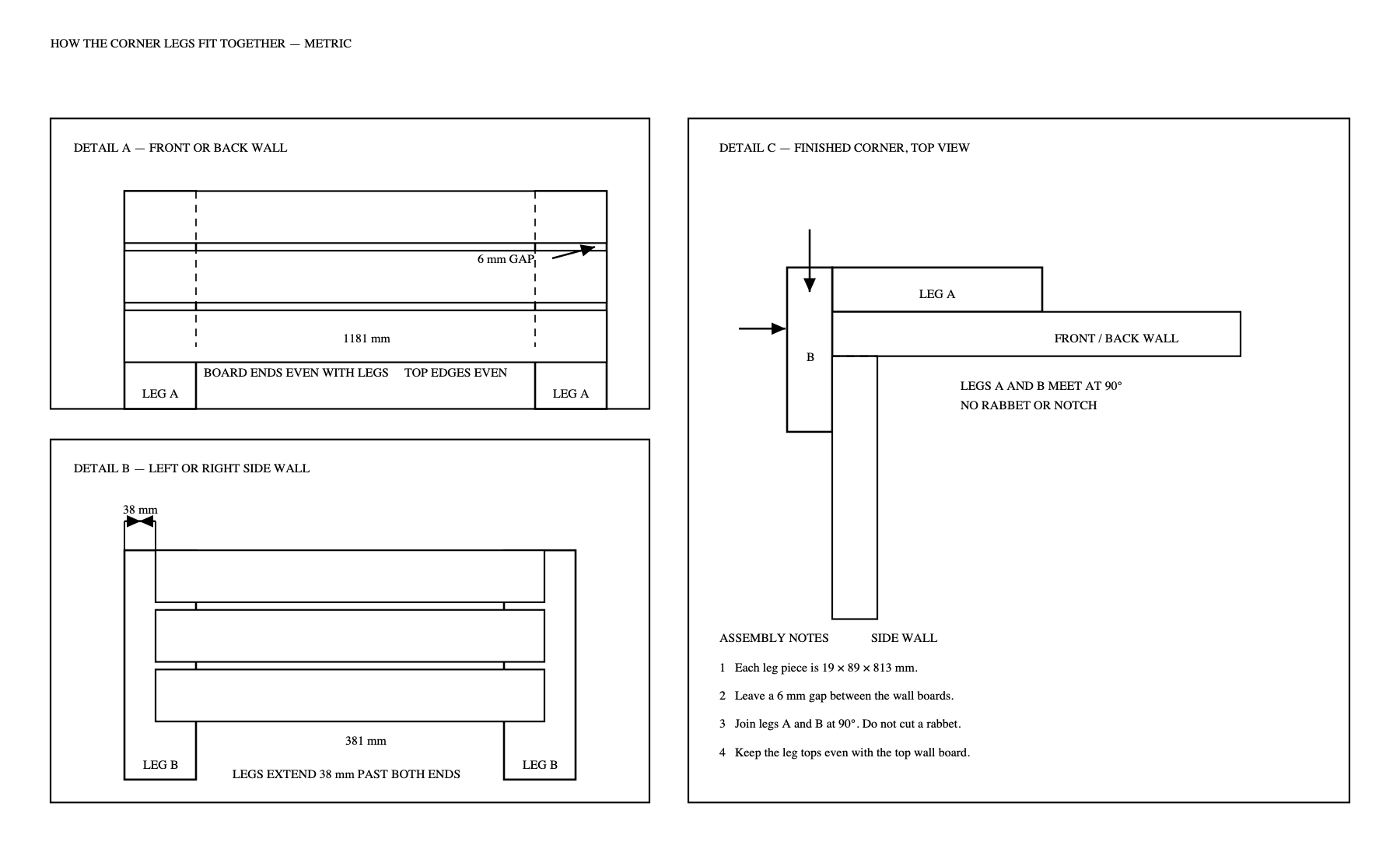 Planter leg detail diagram with metric measurements