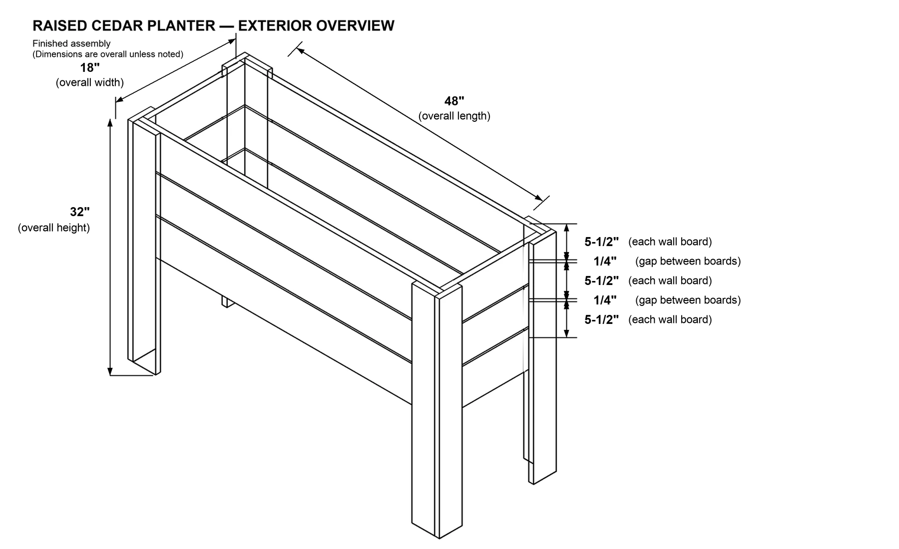 Planter woodworking overview diagram with imperial measurements
