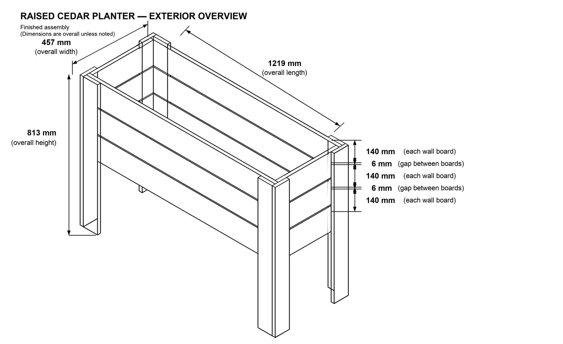 Planter woodworking overview diagram with metric measurements