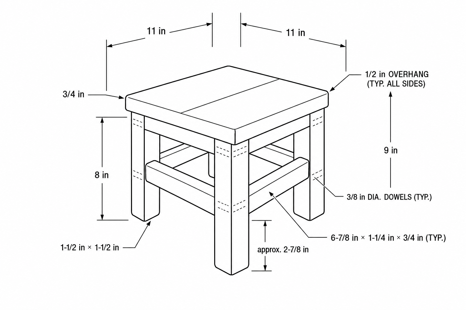 Line drawing of the stool with imperial dimensions in inches.
