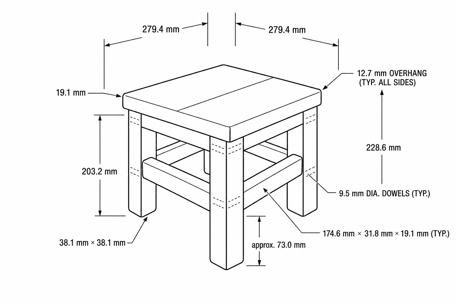 Line drawing of the stool with metric dimensions in millimetres.