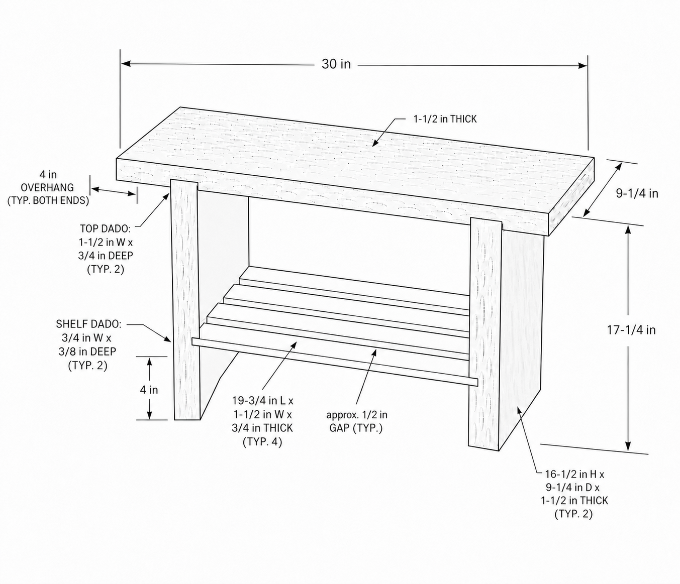 Line drawing of the textured entryway bench with imperial dimensions.
