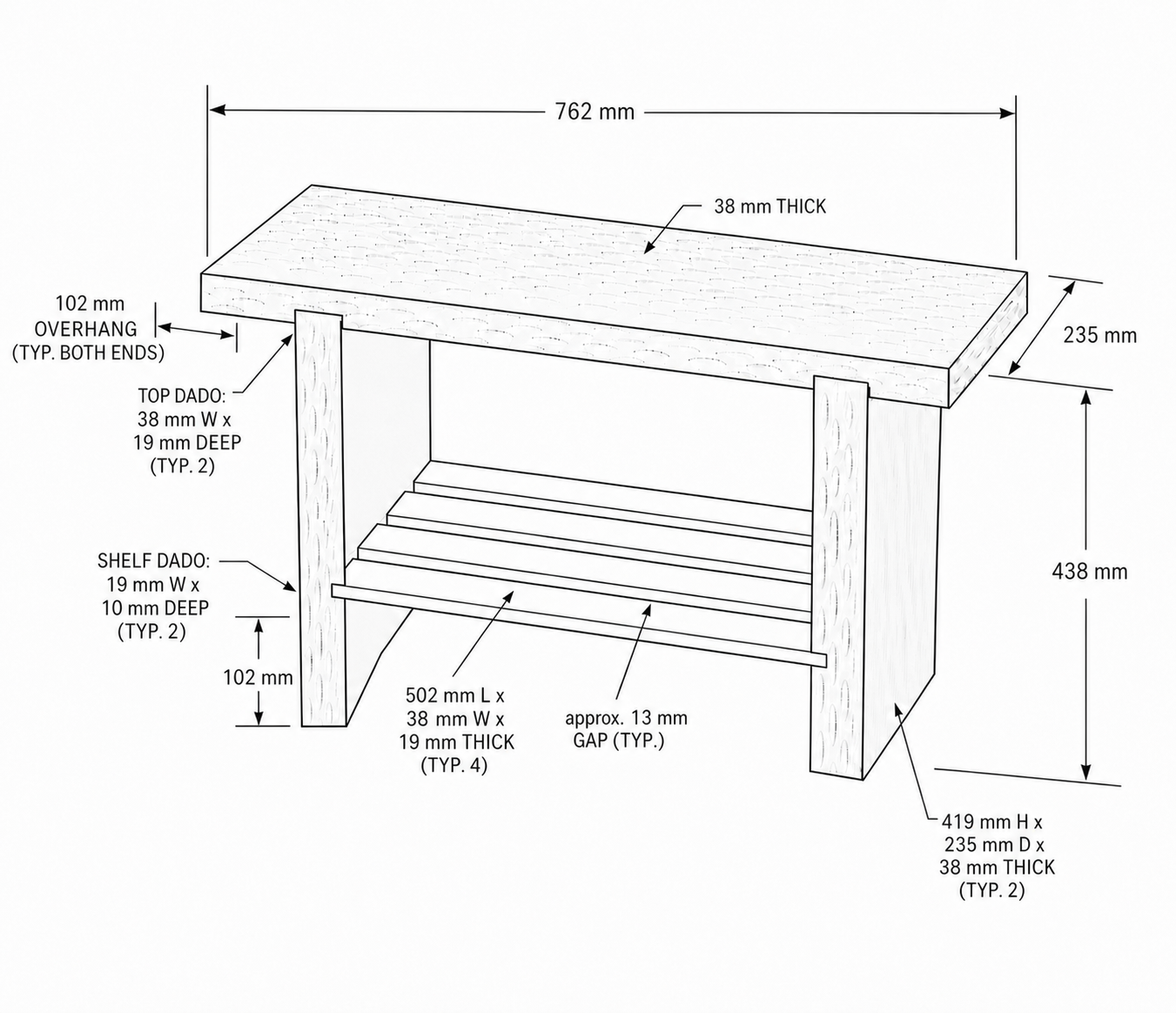 Line drawing of the textured entryway bench with metric dimensions.